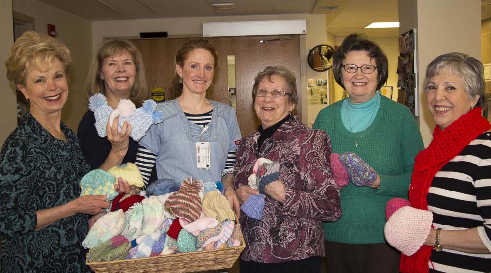 Area knitters once again came together to lend their talents by knitting and donating 110 baby caps to the Birthing Suite at Speare Memorial Hospital to be given to newborns before their discharge home. The effort was led by the New Hampton Community Church in partnership with Rumney Baptist Church, Plymouth Regional Senior Center, Newfound Knitters and the Pasquaney Garden Club. Labor and Delivery Nurse Laurel Galvin, RN, received the caps from Marcia Anderson, Elaine Foster, Betty Dunkling, Margerite Dengel and Wanita Calley.