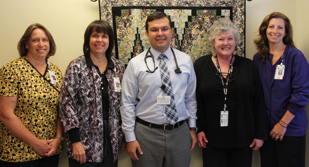 Speare's Oncology Clinic staff welcomes Dr. Benitez  (pictured from l-r) Linda Reisert,MSN,RN,OCN, Ann Marie Piper,RN,OCN, Dr. Benitez, Kim Brace,HUC, and Sarah Marshall,BSN,RN,OCN