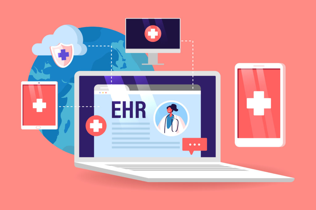 Ehr, Electronic Health Record Concept. Innovative Technologies in Health Care and Medicine, Online Report from Patients to Doctors via Digital Devices. Laptop with Info. Cartoon Vector Illustration